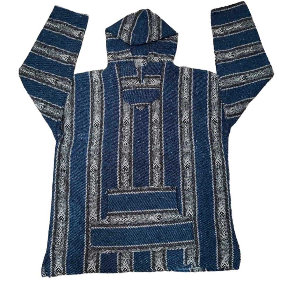 Baja Rug Hoodie Mens Size L Blue Gray White Stripe Poncho Mexico